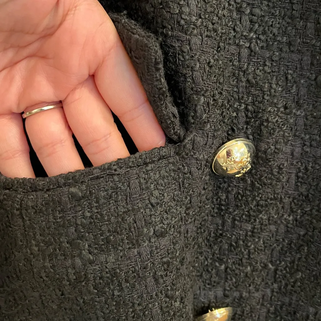 Zara Black Tweed Double Breasted Blazer Gold Button XS - Image 11