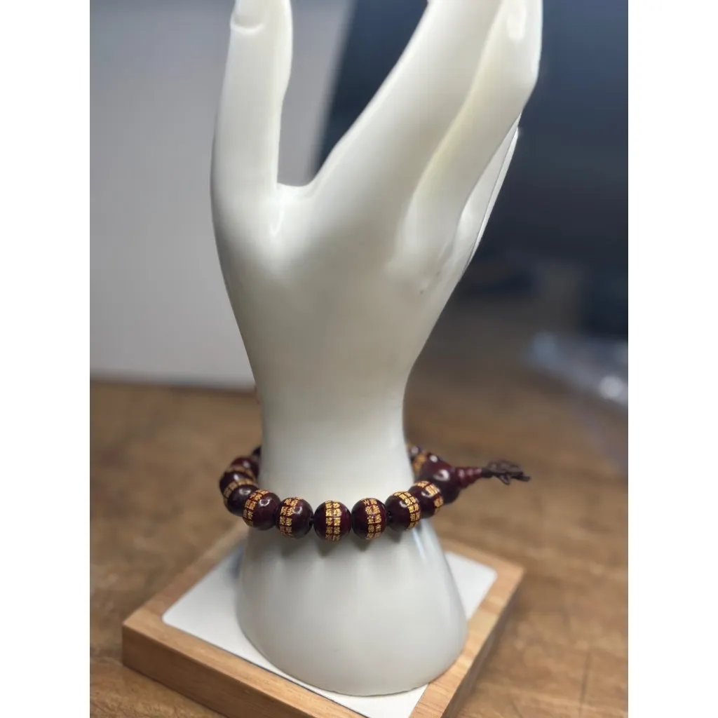 Handmade Buddhist Prayer Bead Bracelet With Red Wooden Beads & Gold Script Adjus - Image 2