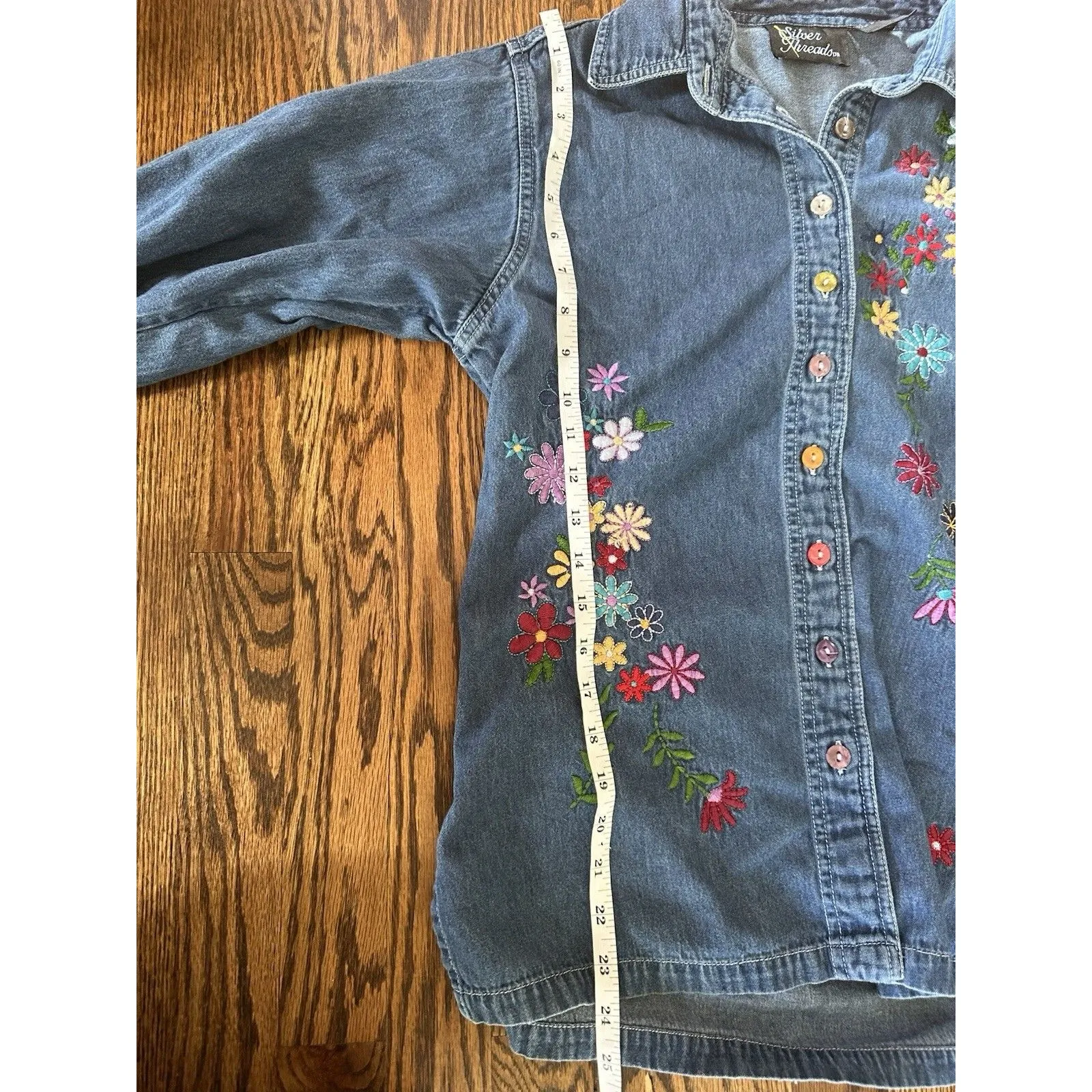 Vintage Silver Threads Boho Retro Embroidered Floral Denim Jacket Cotton Size S Blue - Image 11