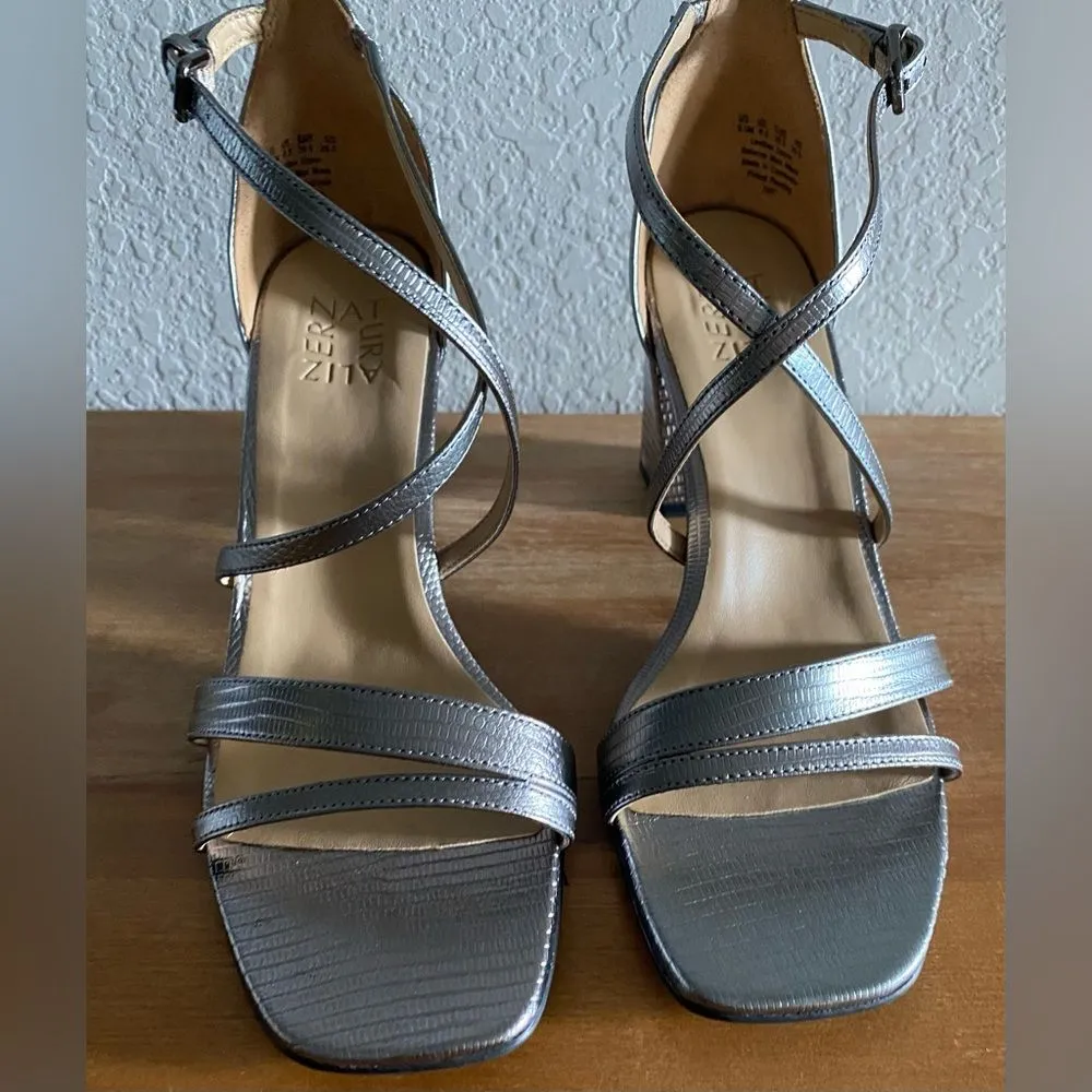 Naturalizer Women Tiff Leather Square Toe Heels Sandals Shoes Pewter 9.5 3” heel - Image 6