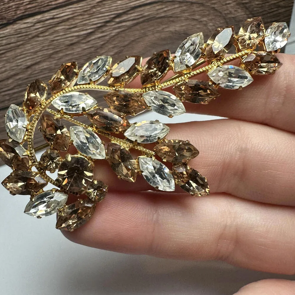 Made In Austria Brown & Clear Rhinestone Spray Gold Tone Brooch Pin Vintage - Image 7
