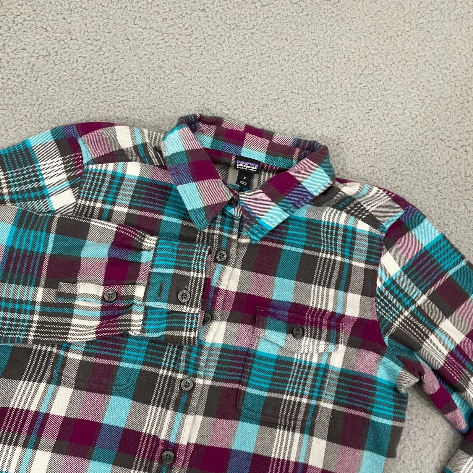 Patagonia Fjord Flannel Women 8 Bay Laurel Forge Grey Outdoor Hiking Long Sleeve - Image 2