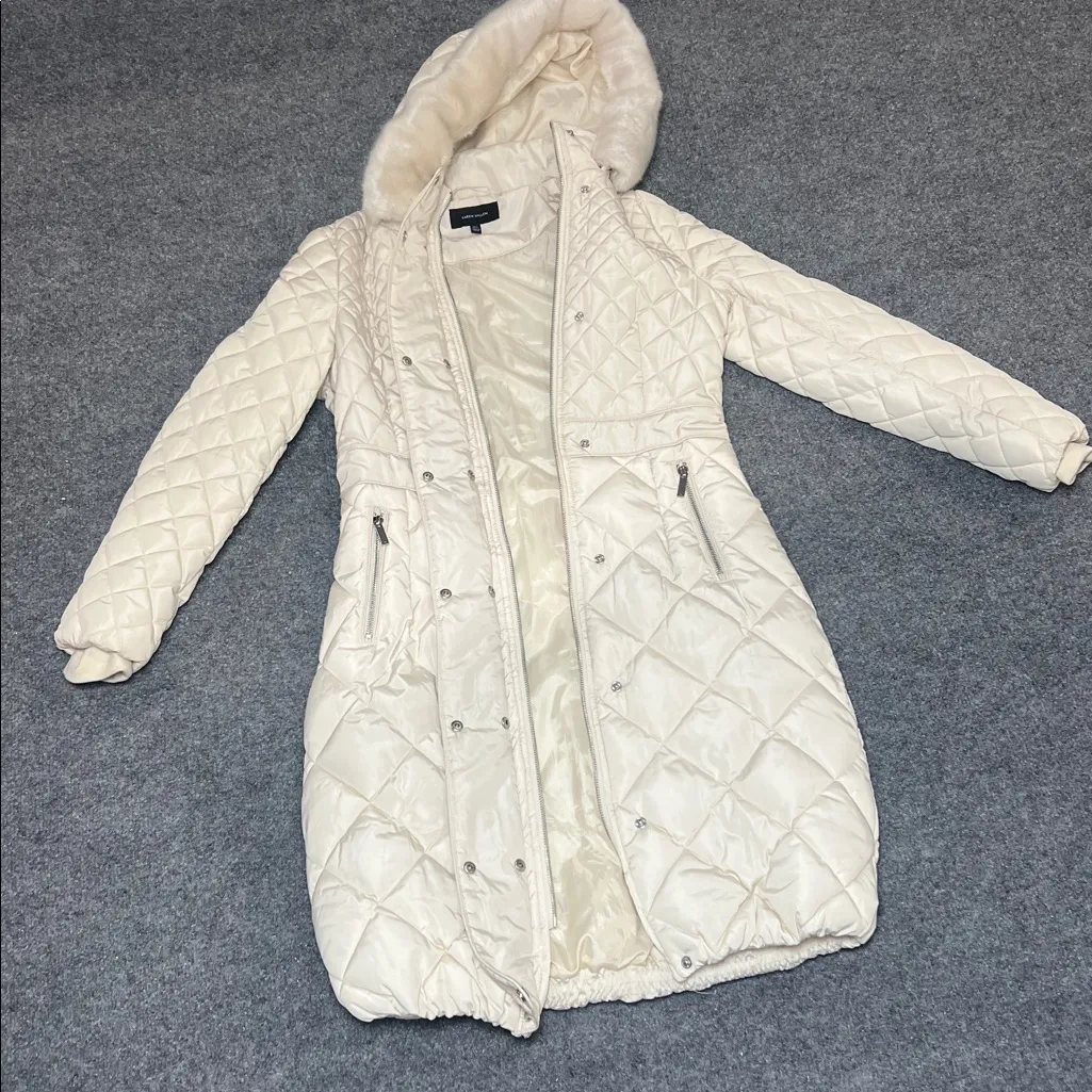 Karen Millen Women's Quilted Cream/ Pearl White Coat with Hood Size 2 - Image 12