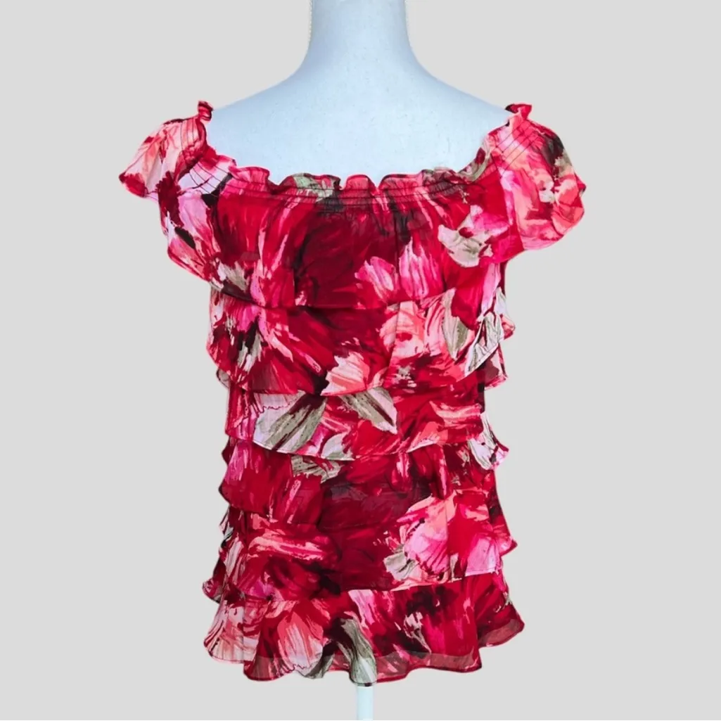 White House Black Market Rose Tiered Floral Off Shoulder Shirt Blouse Flowy M - Image 3