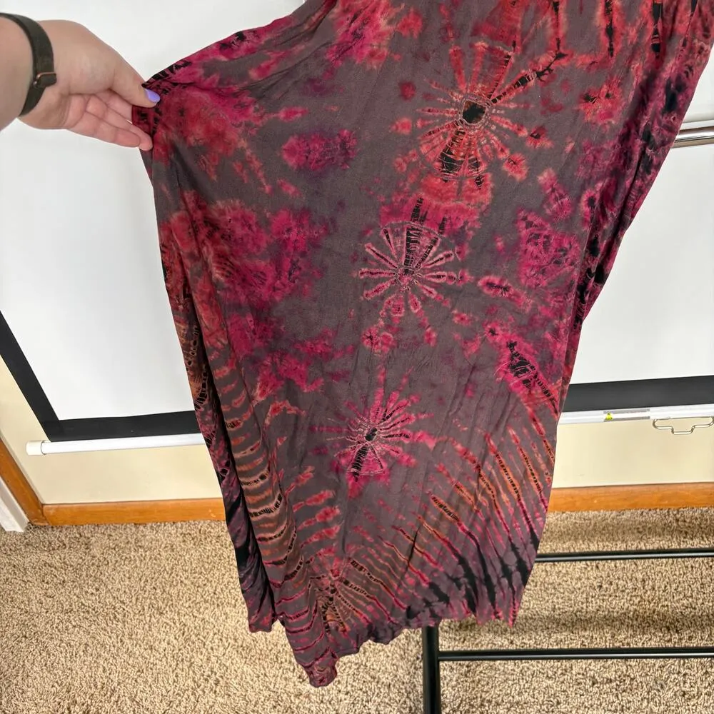 Bohemian Tie Dye Red Rayon Flowy Maxi Dress Adjustable Hippie Gypsy Festival - Image 4