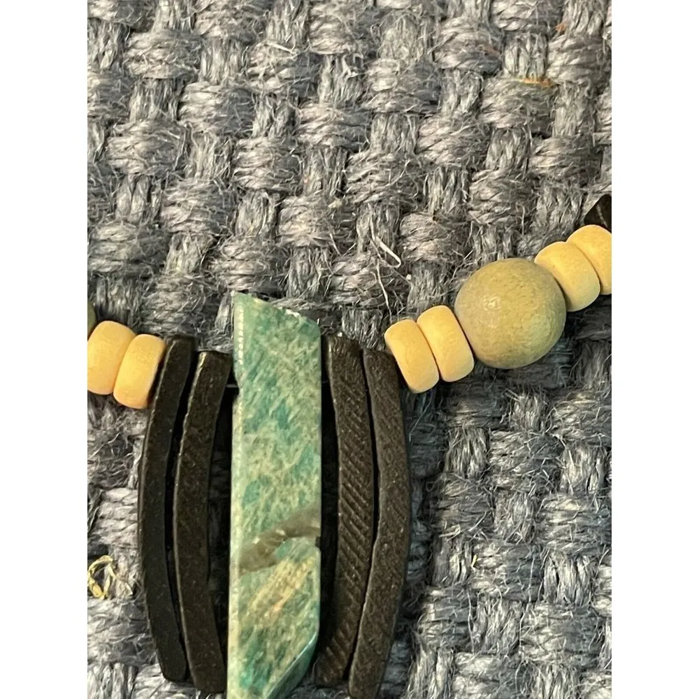 Leather wood jade nephrite necklace tribal boho cream - Image 3