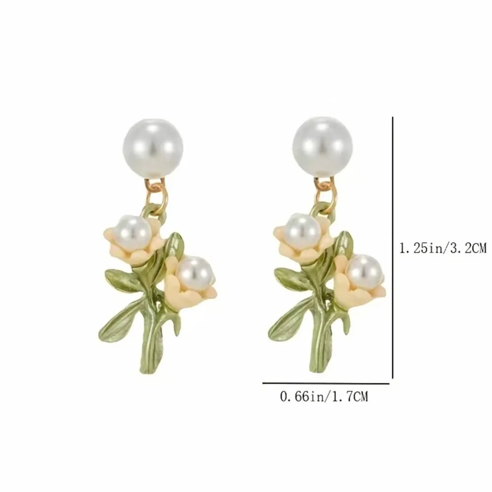 1 Pair Delicate Decor Dangle Zinc Alloy Earrings With Faux Pearl And Flower Desi Gold - Image 8