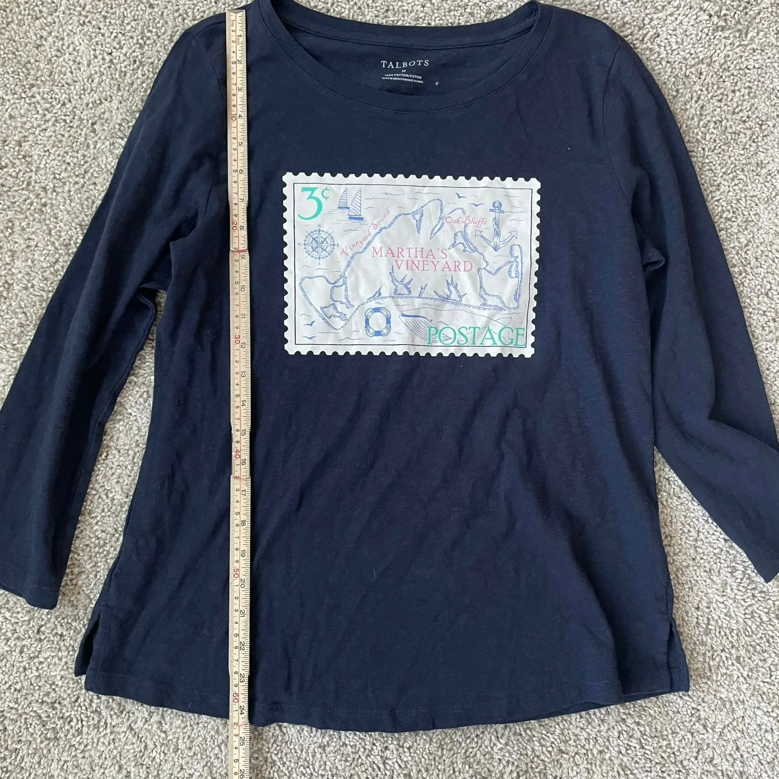 Talbots Martha's Vineyard Stamp Print Cotton 3/4 Sleeve Tee in navy blue Sz M - Image 6