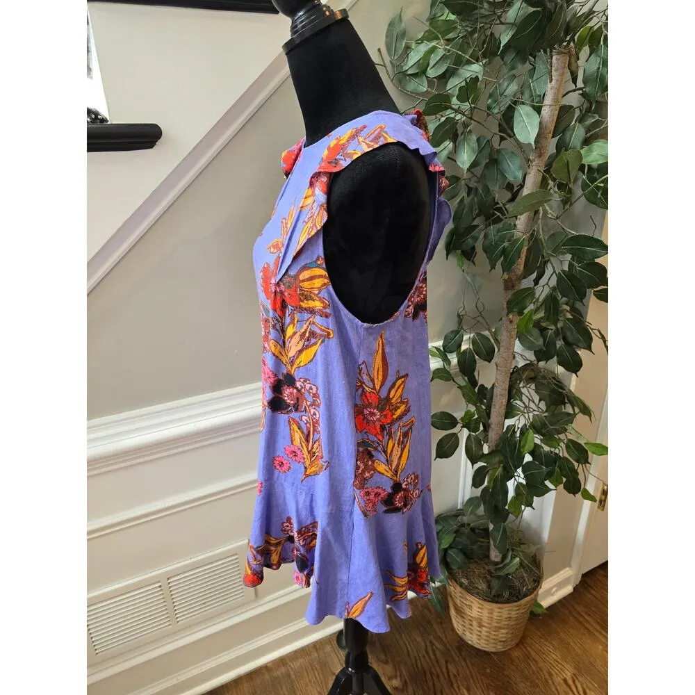 Free People Tunic Top Womens Small Blue Floral Cap Sleeve Drop Waist Crew Neck - Image 11
