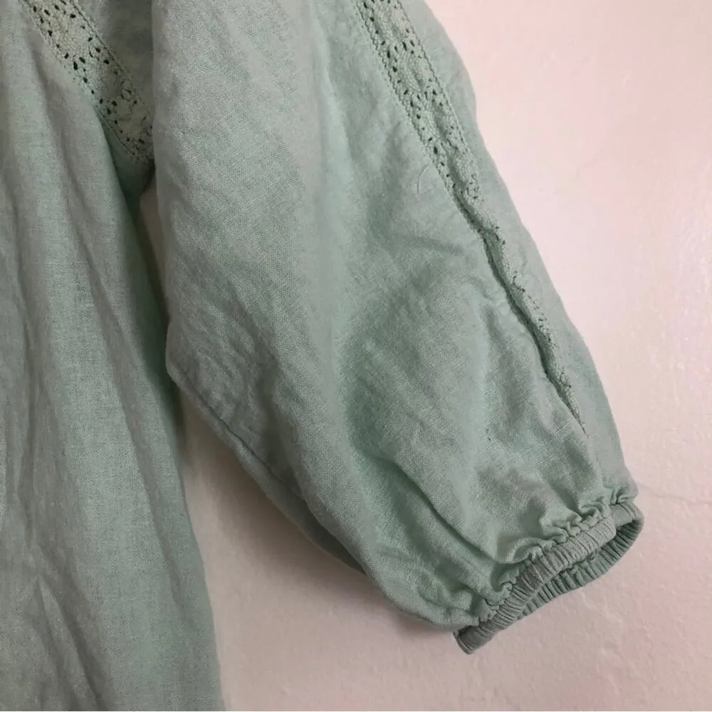 Rose and Rhyme Linen Blend Lace 3/4 Sleeves Mint Seafoam Green Tunic Blouse Top Size M - Image 4