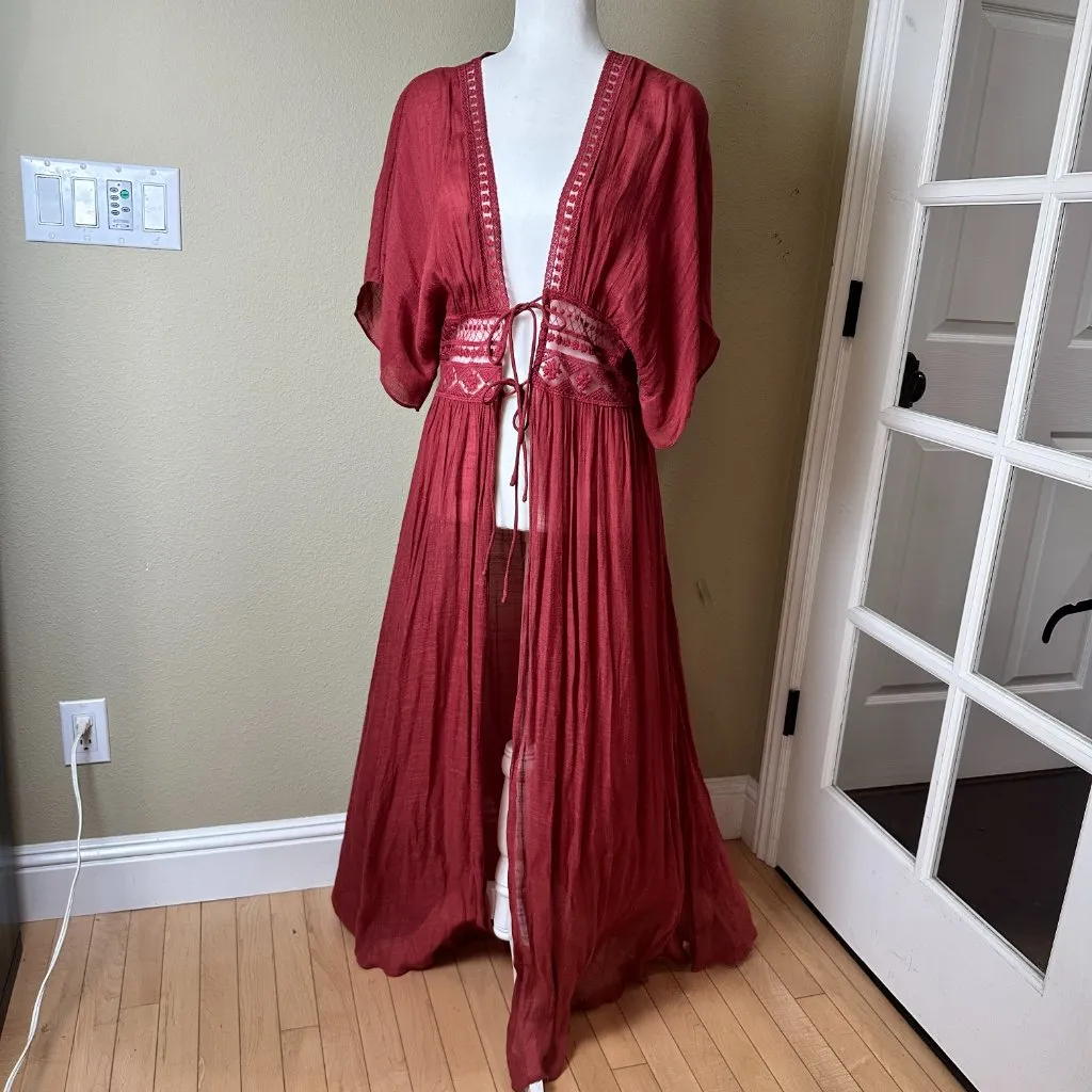 Aakaa Kaftan Open Front Dress Cover Up Size Medium Lace and Tie Details - Image 2