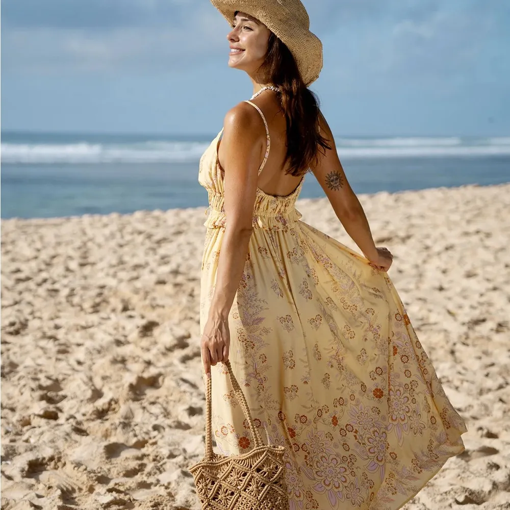 BERLOOK Yellow Sleeveless Tie Beach Dress Size M - Image 2