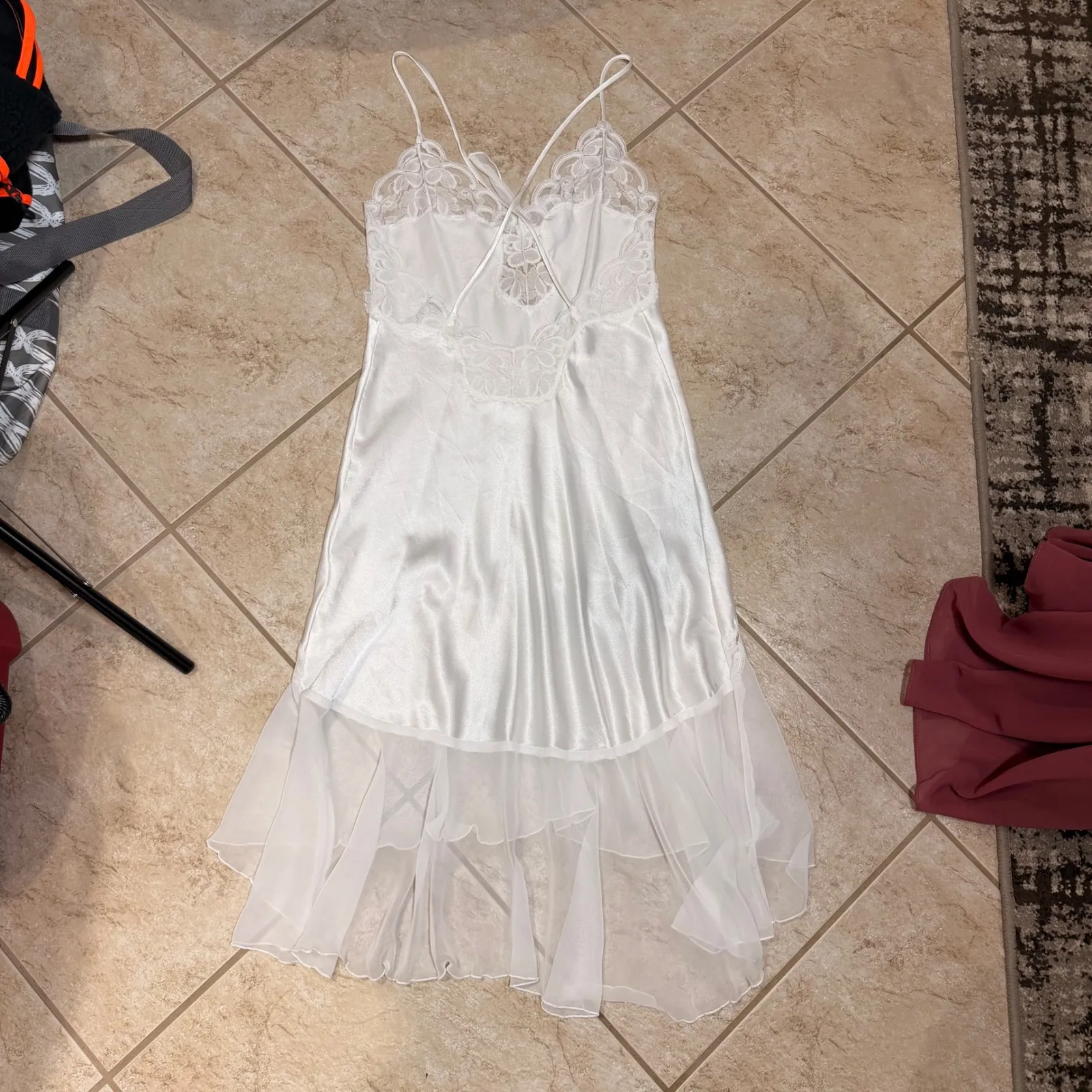 Vintage White Lace Trim Slip Dress Maxi Nightgown Small Union Made in the USA - Image 6