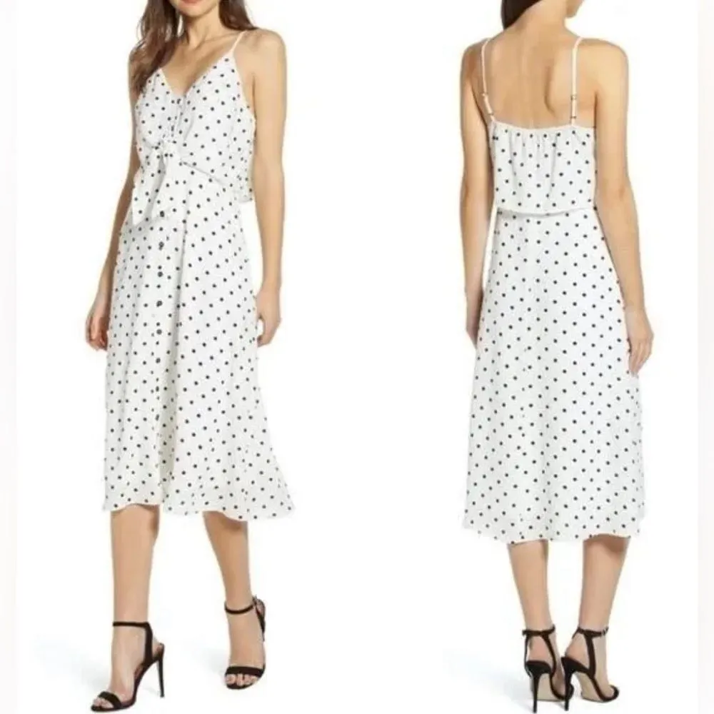 BP white and black polka dot button down tie front midi dress size medium - Image 2