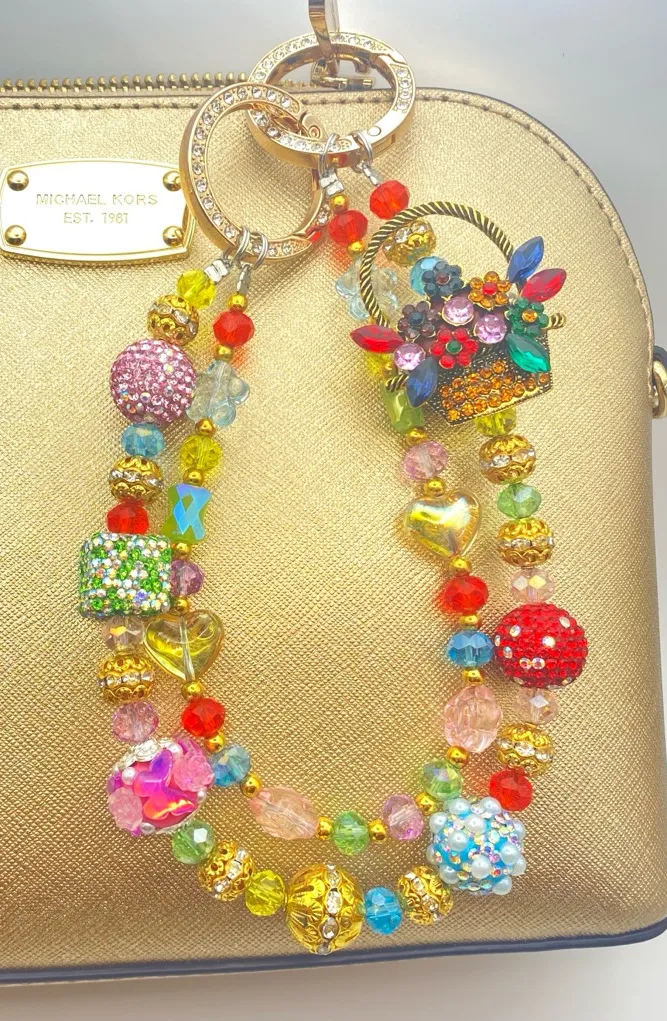 💐Luxury Bag/Phone Chain Charm/Keychain COLORFUL FLOWER BASKET Bling Crystal - Image 1