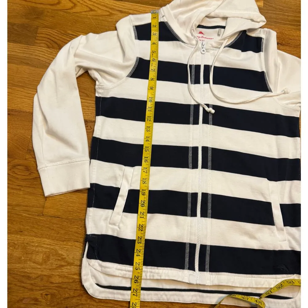 Tommy Bahama Womens Medium Cotton Blue White Striped Zip Hood Sweater Nautical - Image 6