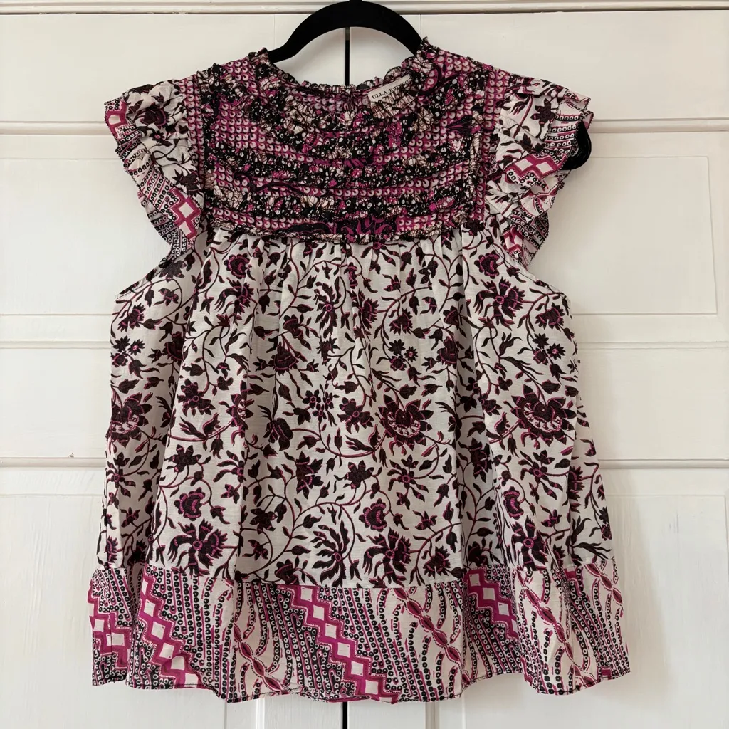 Ulla Johnson Nuru Top Fuchsia Pink Floral Blouse Size 4 Flutter Sleeve Ruffle - Image 2