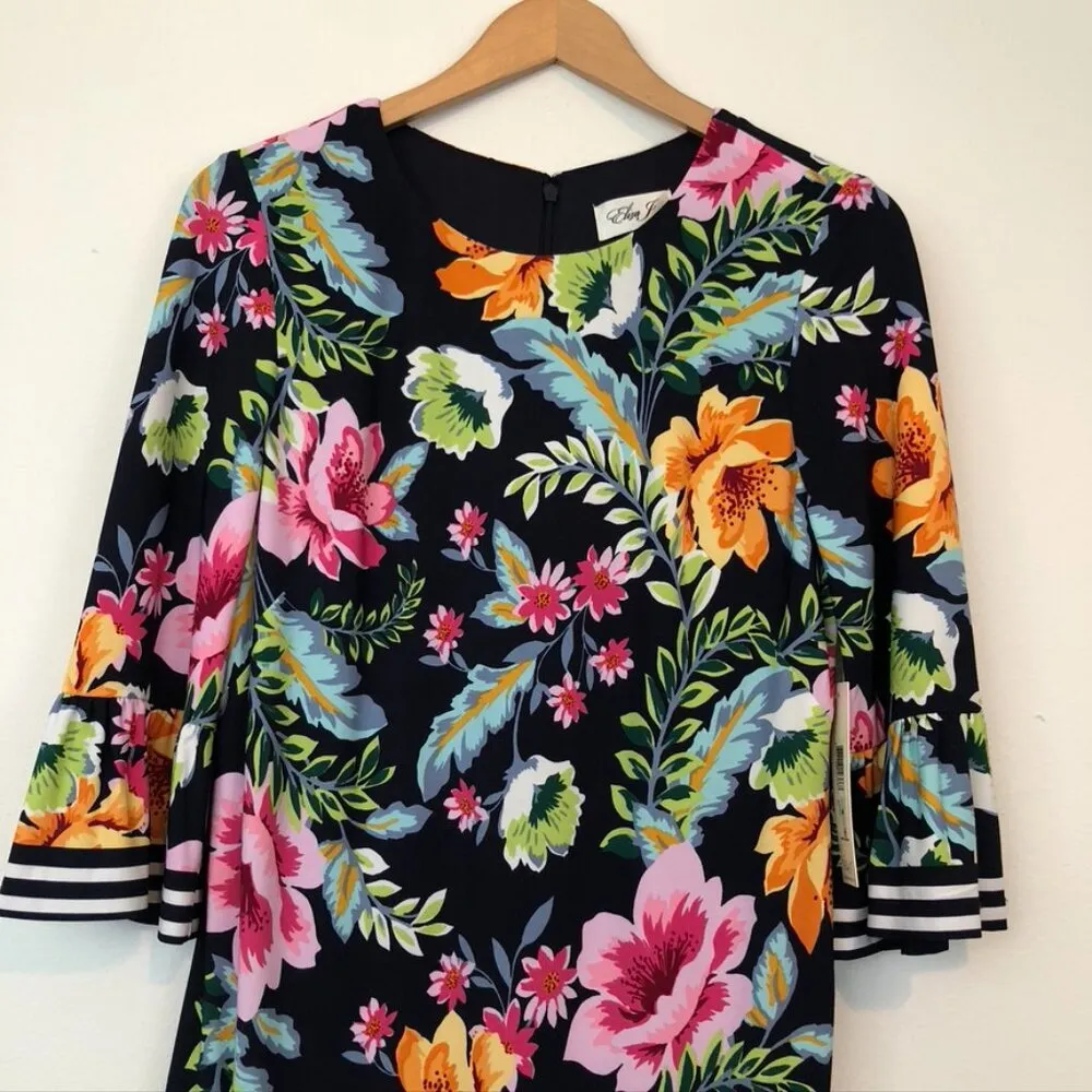 NEW NWT ELIZA J Navy Blue Pink Orange Floral Jersey Stretch Ruffle Shift Dress 8 - Image 4