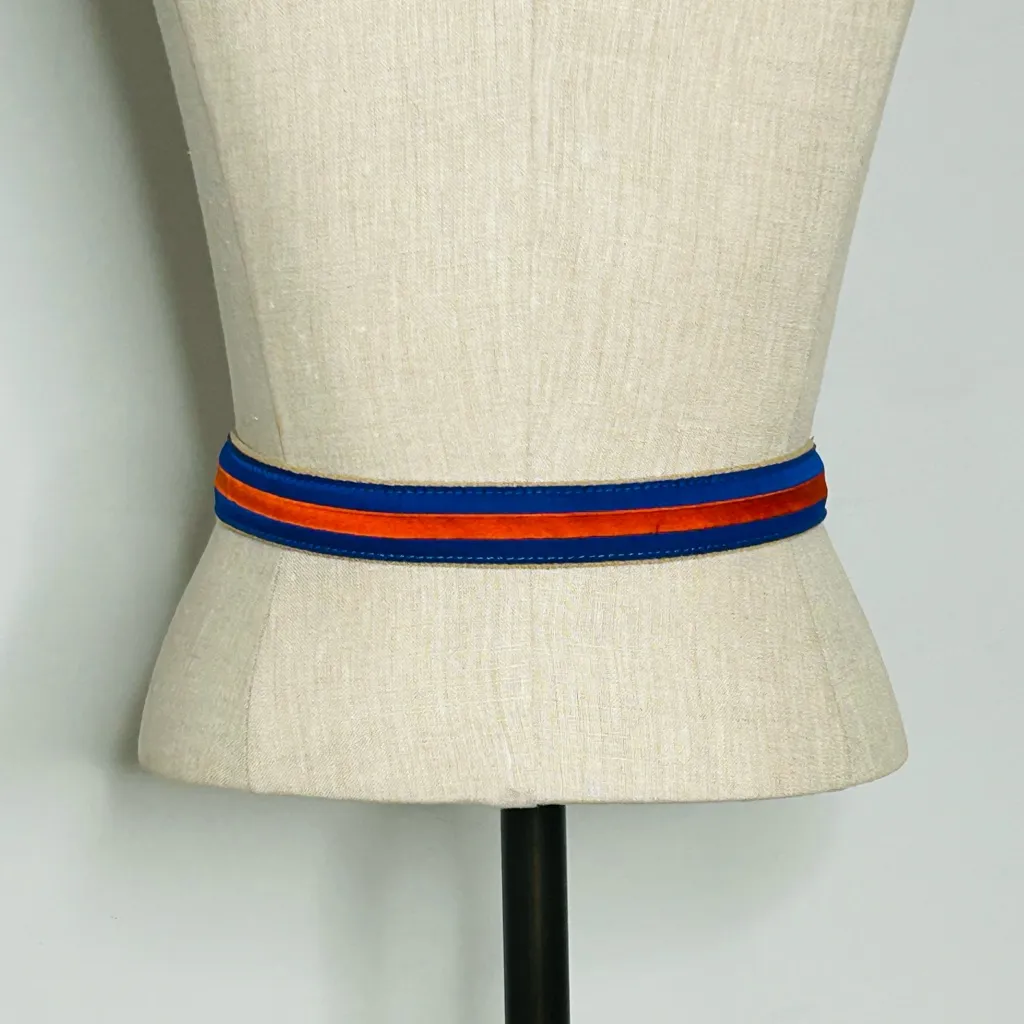 Jardine Ribbon Belt Orange and Blue Stripes with Beige Canvas and Brown Leather - Image 3