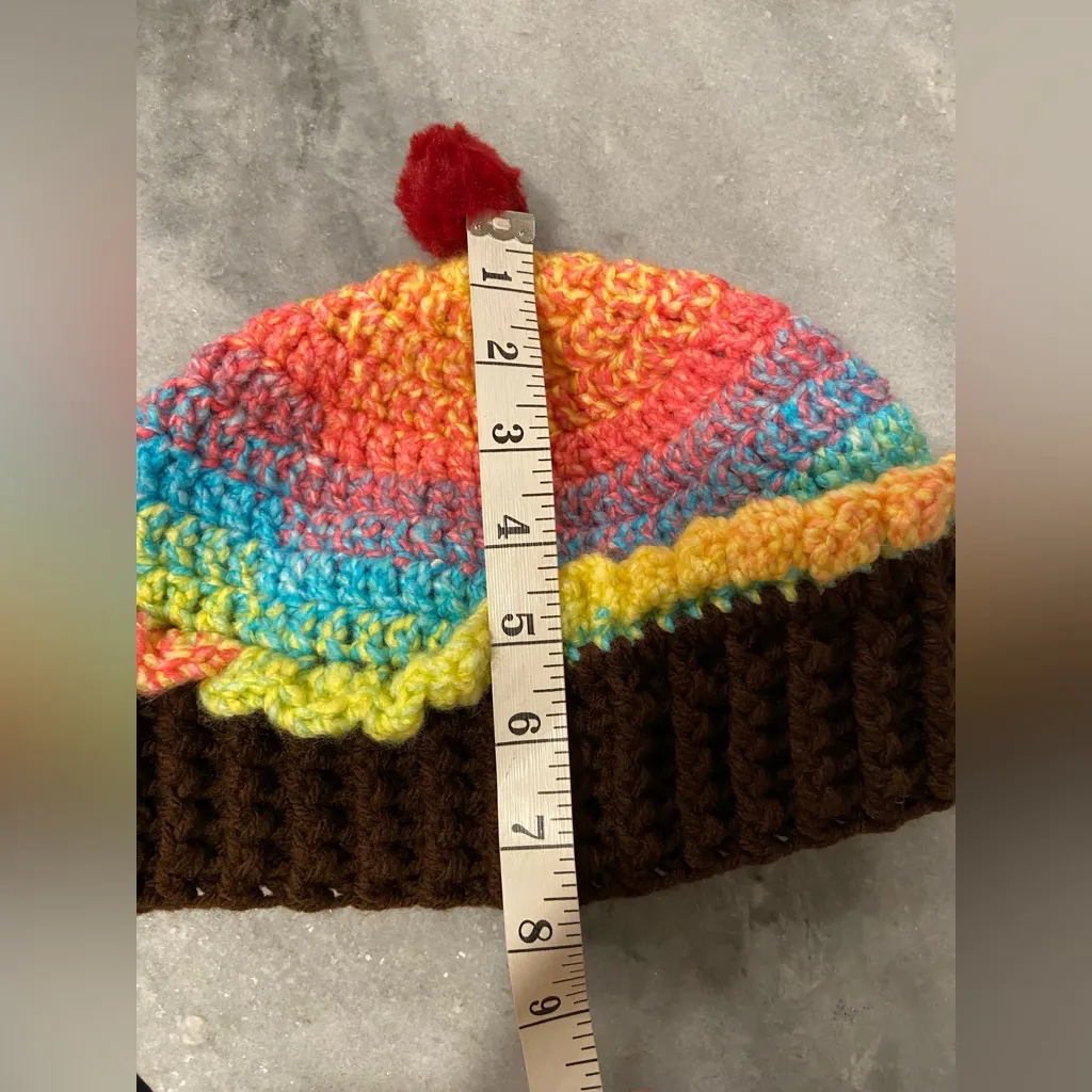 Handmade Crochet Rainbow Chocolate Cupcake Beanie Winter Hat Cozy Comfy Warm - Image 4