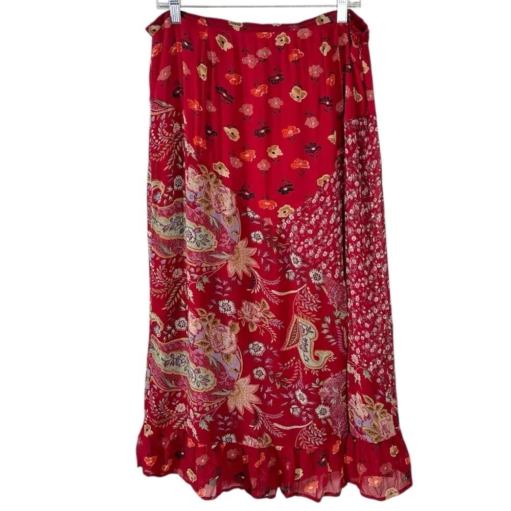 Vintage 90s Y2K Bohemian Floral Patchwork Midi Skirt Silky Ruffle Size Large - Image 2