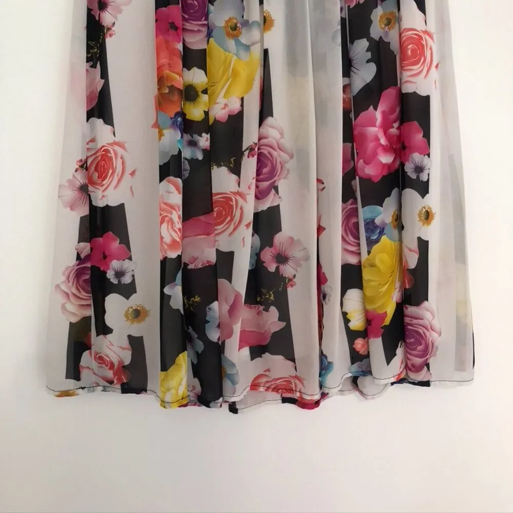 CUPIO Black White Stripe Pink Red Blue Multi Floral Sheer Lined Midi Skirt Small - Image 4