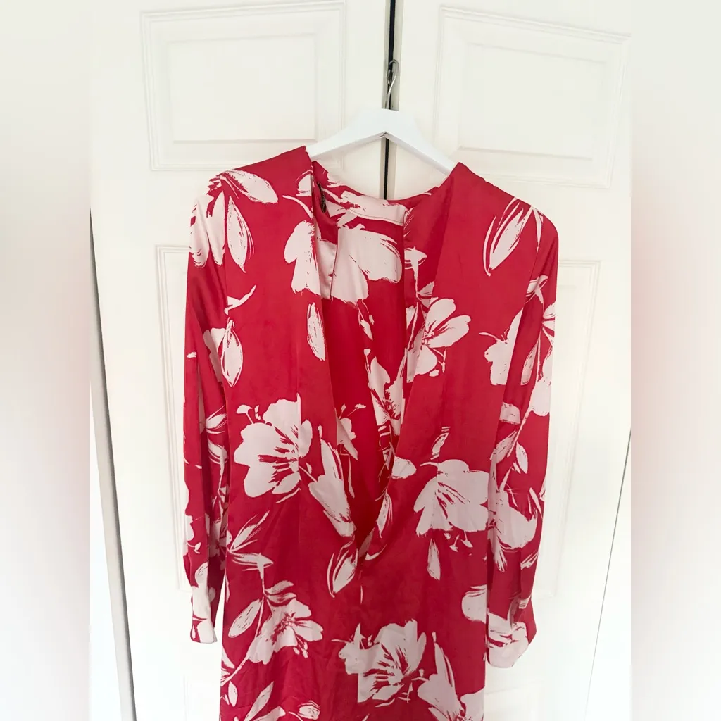 ZARA Red White Floral Bishop Sleeve Long Sleeve Midi Dress Size Small - Image 7