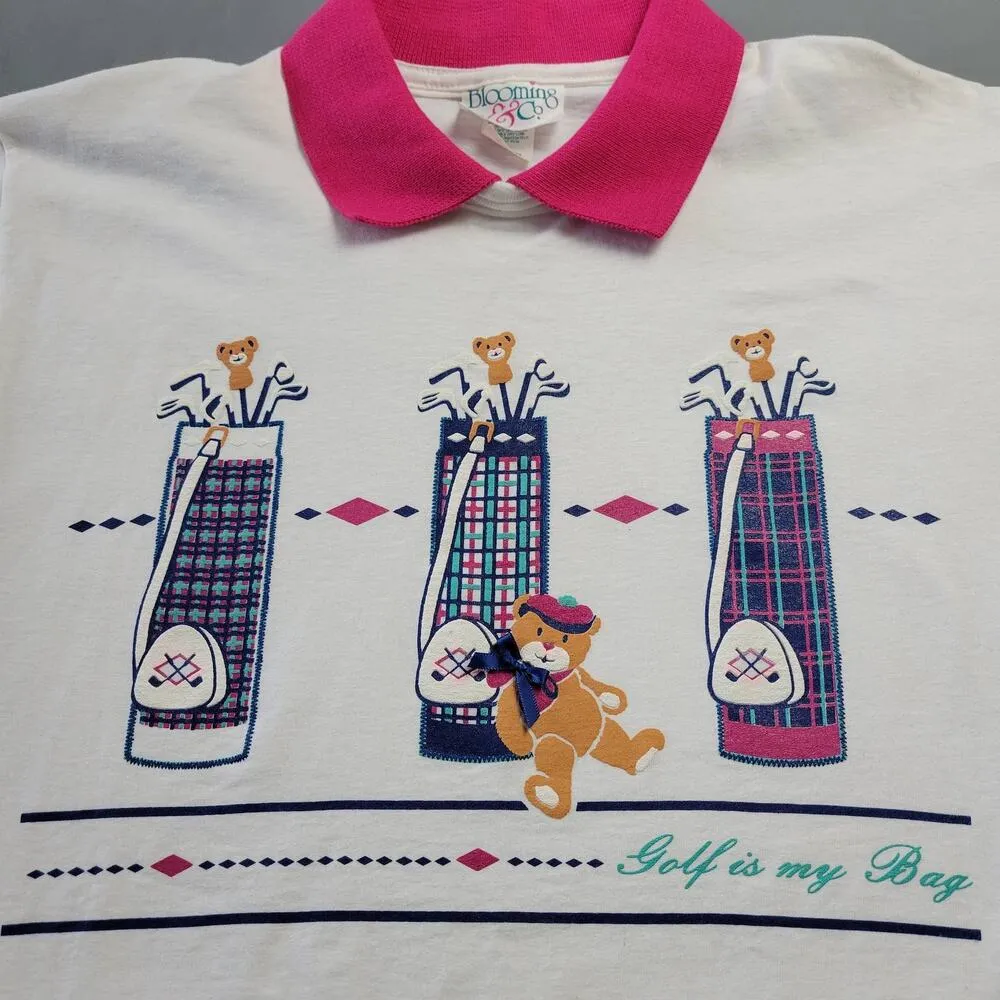 Blooming & Co Golf Themed Short Sleeve Polo Women's Size Medium Hand Printed USA White - Image 3