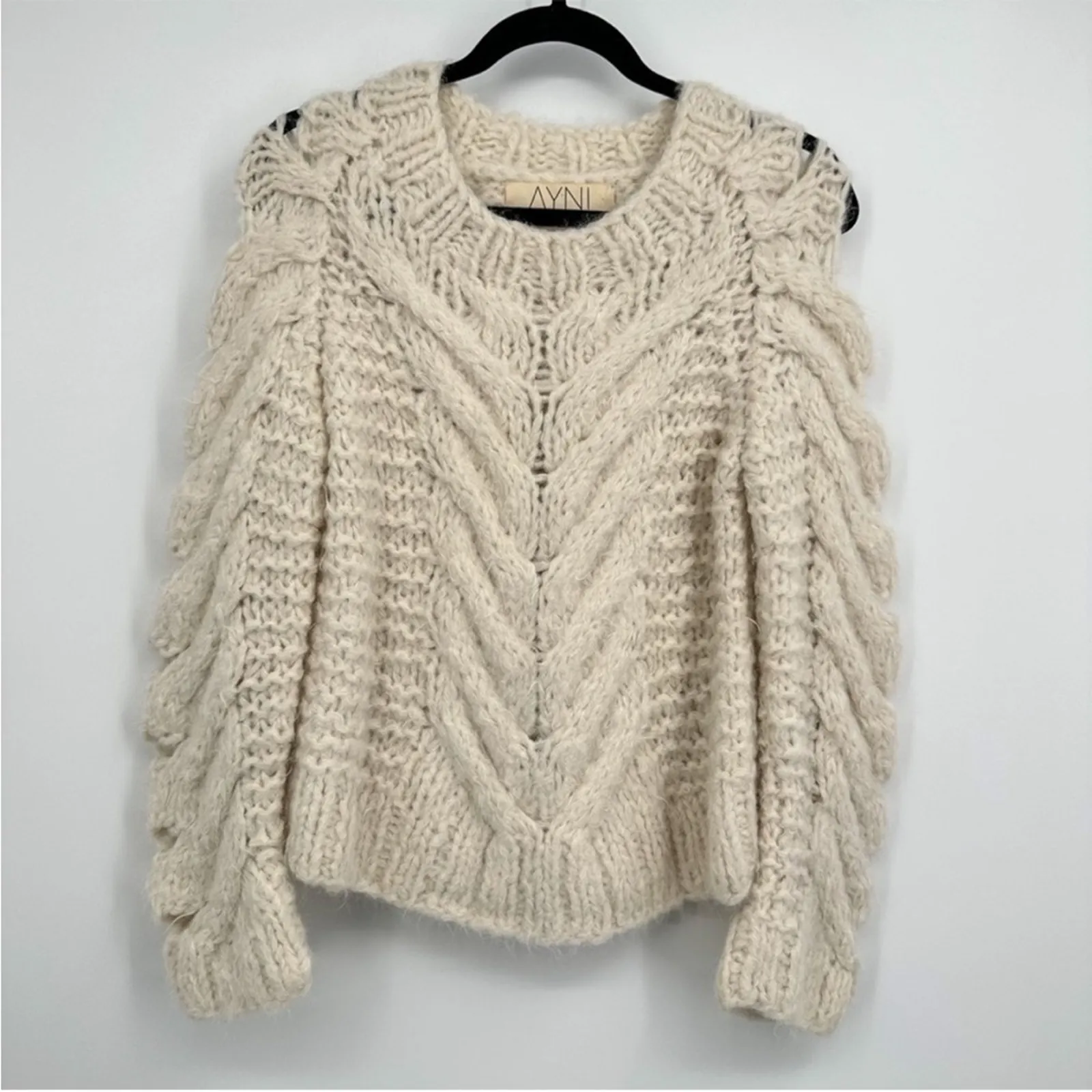 AYNI | Revolve Jaqaru Hand Knitted Knit Alpaca Cut Out Crewneck Sweater Cream XS - Image 3
