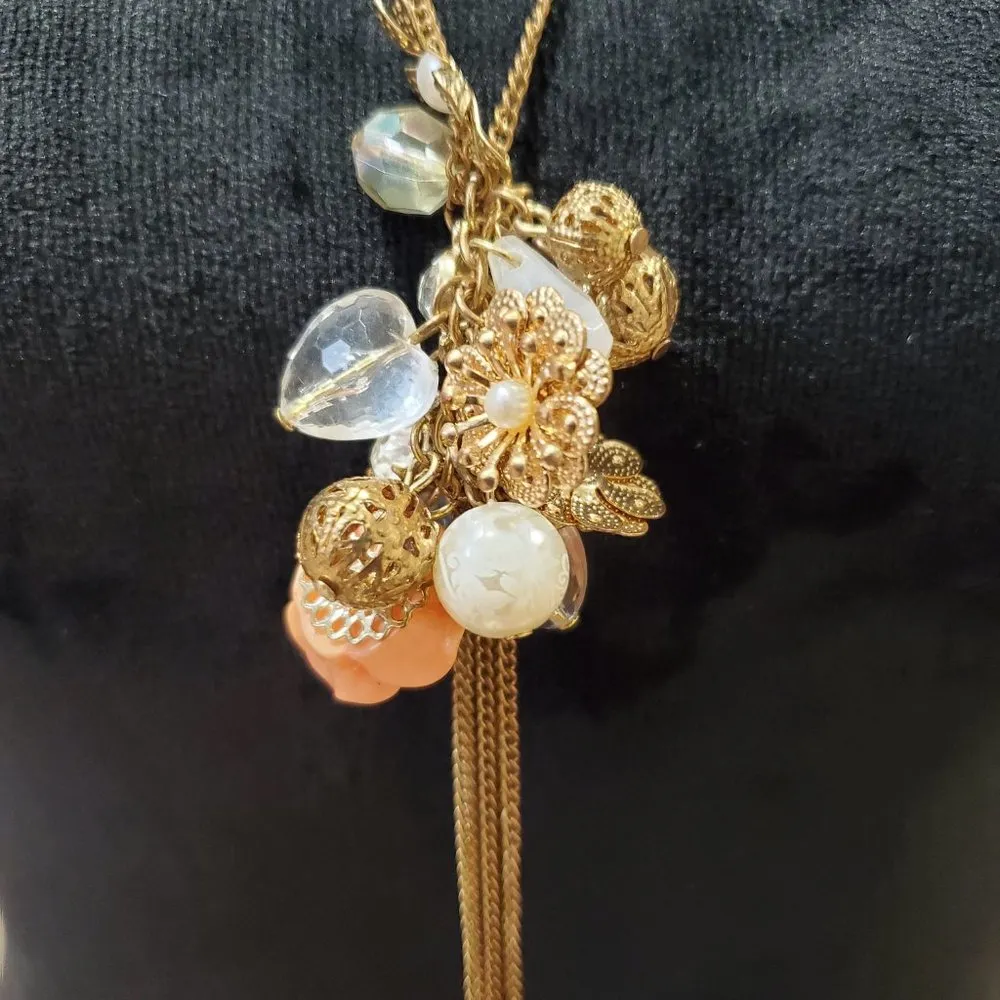 Women's Yellow Gold Round Beaded Flower Long Pendant Necklace - Image 4