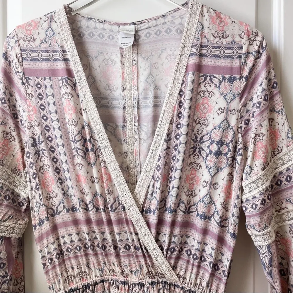 L*Space Boho Bell Sleeve Romper Purple Pink Beige Medium - Image 3