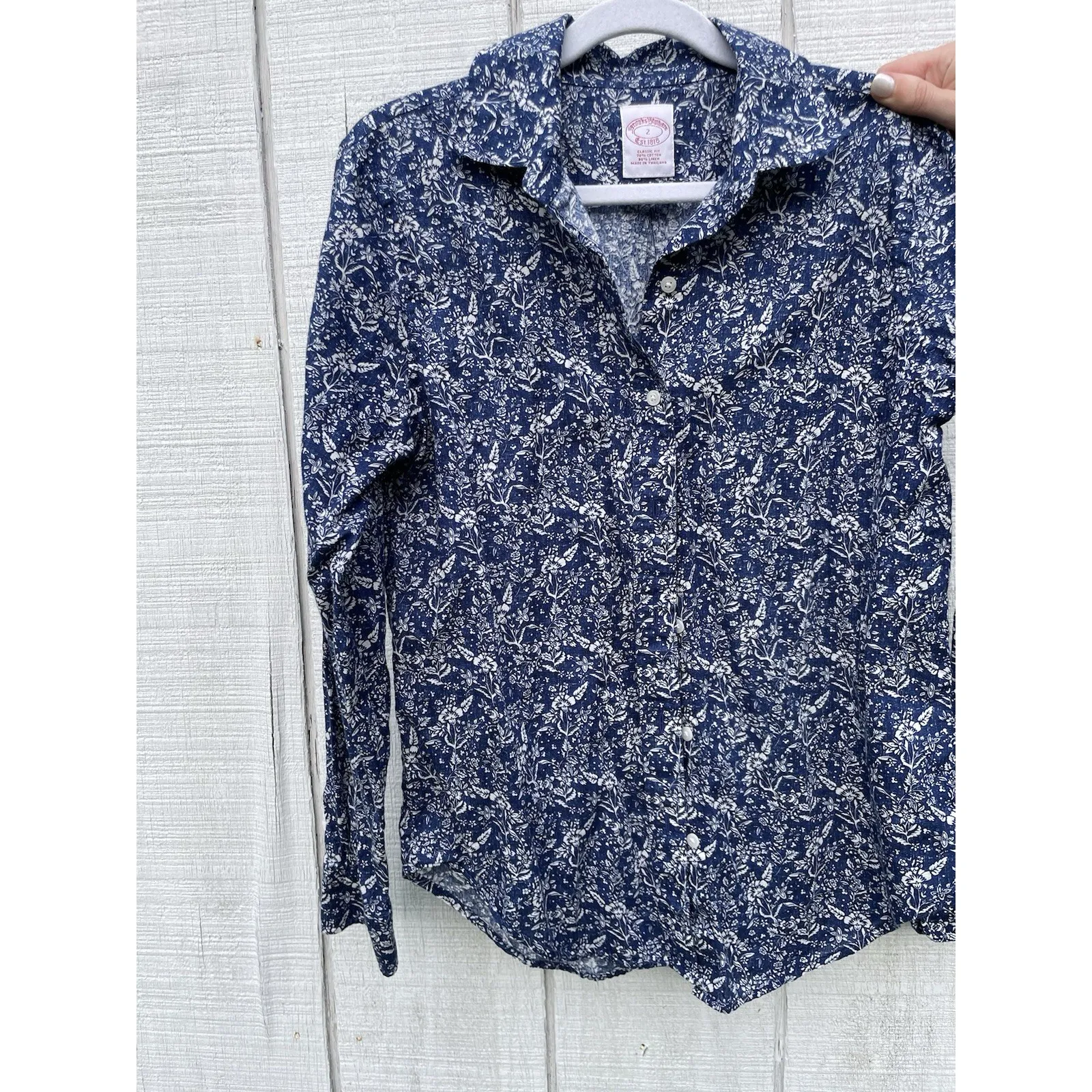 Brooks Brothers Blue Cream Floral Cornflower Print Cotton Linen Buttonup Sz 2 - Image 4