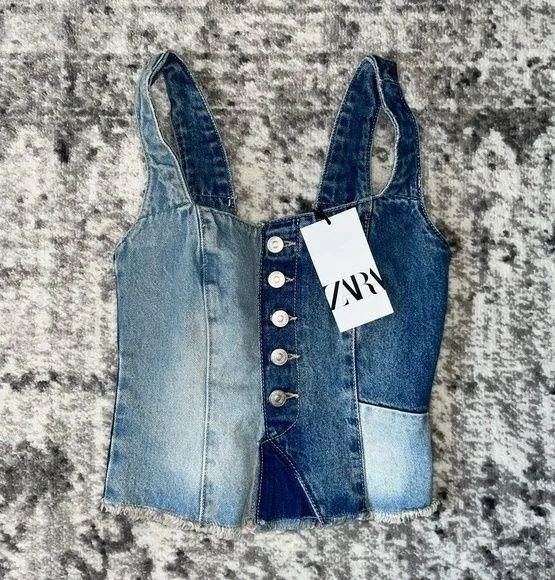 New Zara Jean Patchwork Denim Top - Image 2