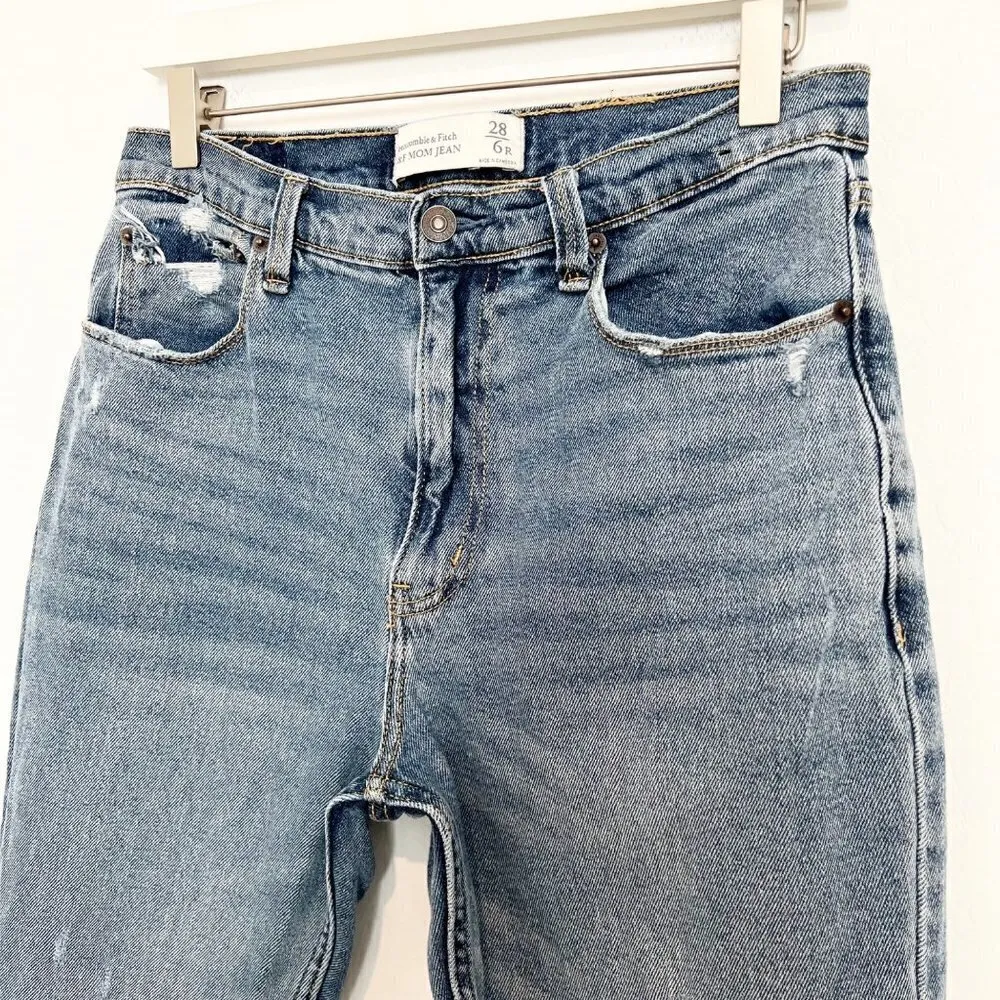 Abercrombie Denim High‎ Rise Ripped Knee Distressed Mom Jeans Blue A&F Size 28 - Image 2