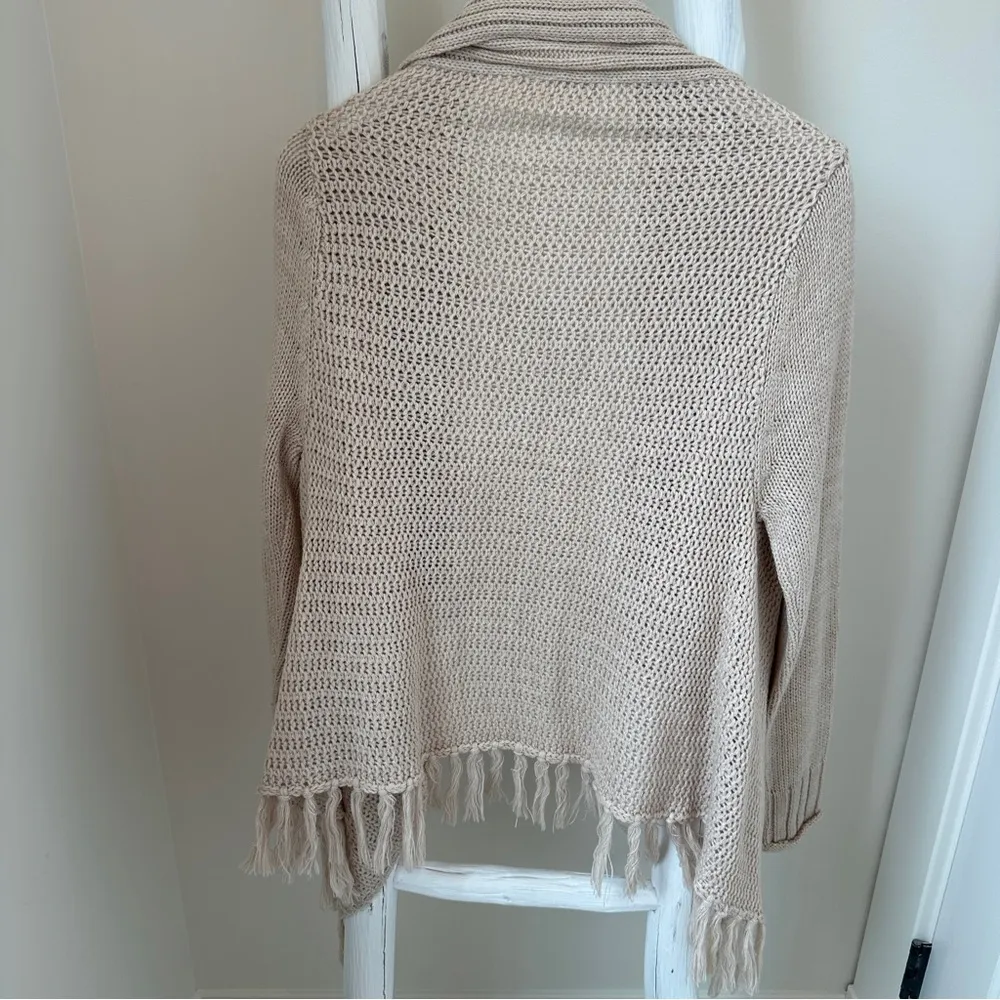 RD Style Cream Ribbed Knit Open Front Cardigan Sweater with Fringe Bottom - Image 2
