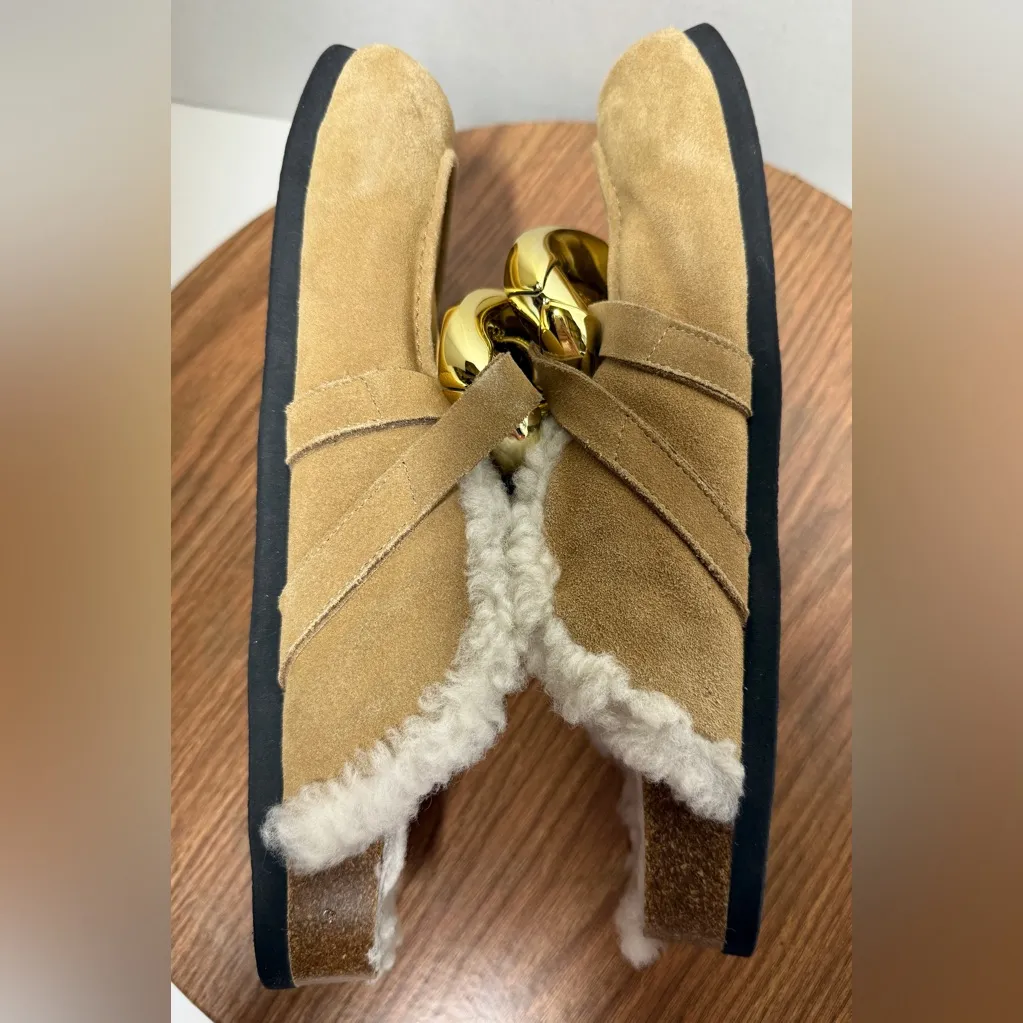 JW Anderson Beige Lamb Leather Shearling Chunky Gold Chain Loafer Clog Mules Tan Size 10 - Image 6