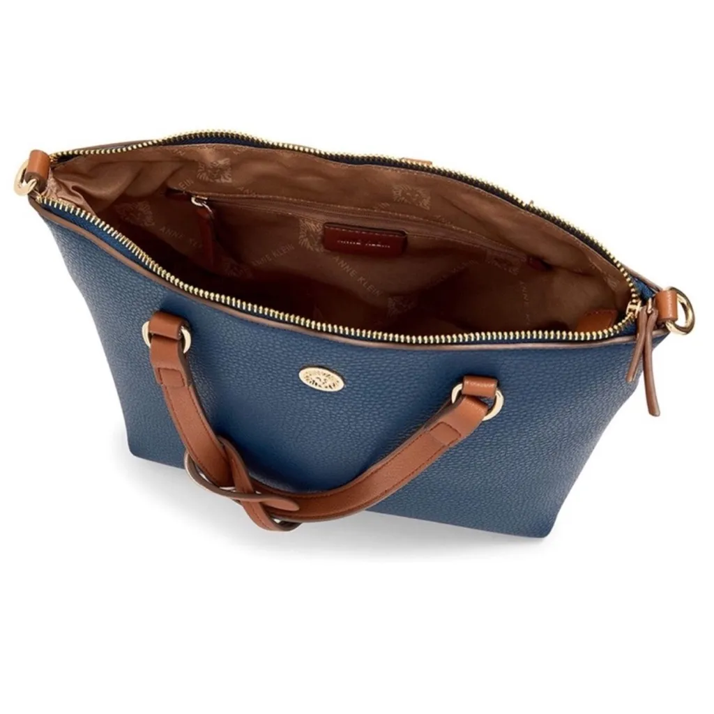 Anne Klein Navy/Brown Alex Varsity Satchel Purse w/ID holder and Crossbody Strap - Image 2