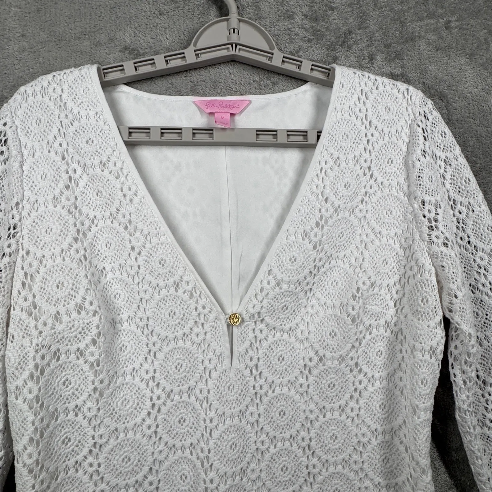 Lilly Pulitzer Dress M Lamora Resort‎ White Crochet Lace 3/4 Sleeve V-Neck Tunic - Image 4