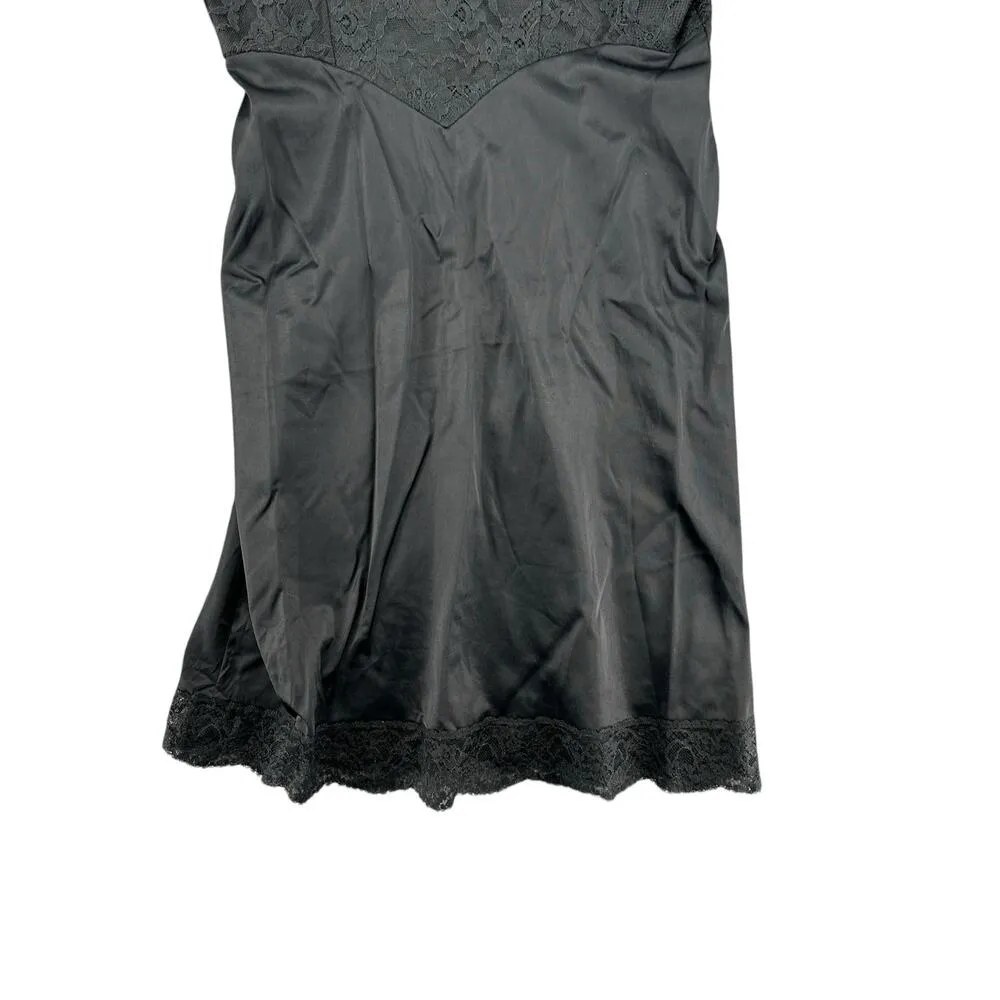 Vintage Vanity Fair 1960s Black Art Deco Lace Nylon Slip Nightgown Small - Image 2