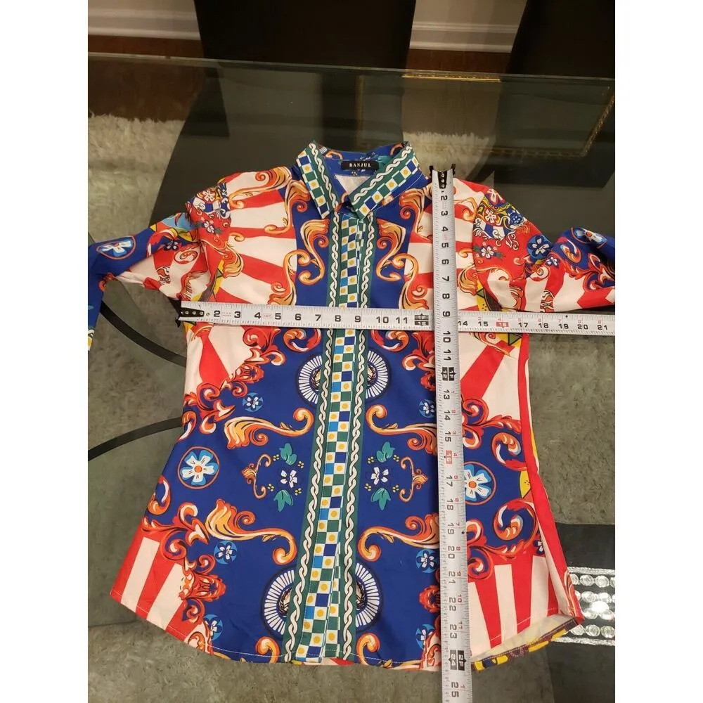 Banjul Women's Multicolor Collared Long Sleeve Blouse & Pant 2 Piece Suit Small - Image 6