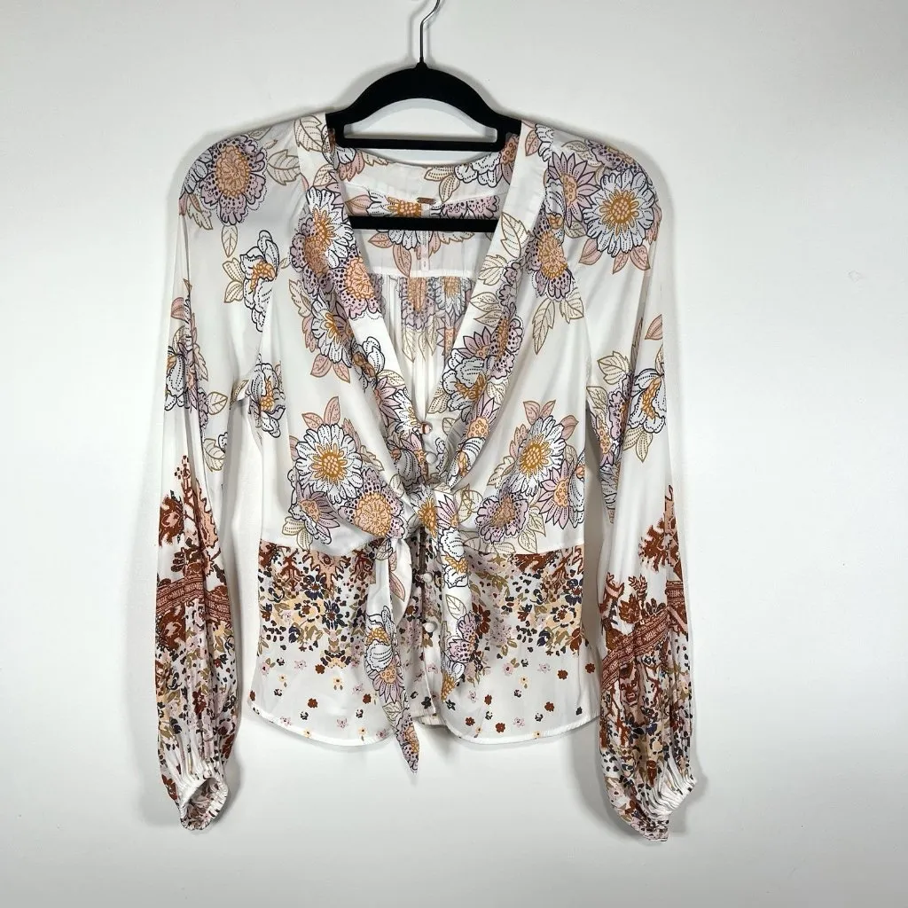 Free People Women's Floral Print Run Free‎ Tie Front Tunic Top Multicolor Size S - Image 3