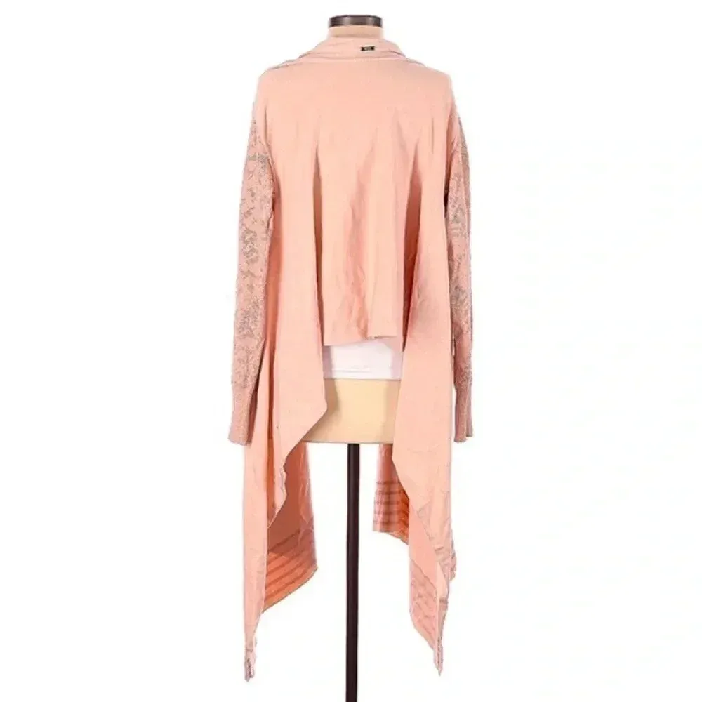 DKNY Dusty Rose Pink Long Open Front Crochet Sleeves Cardigan Duster Size S XS - Image 2