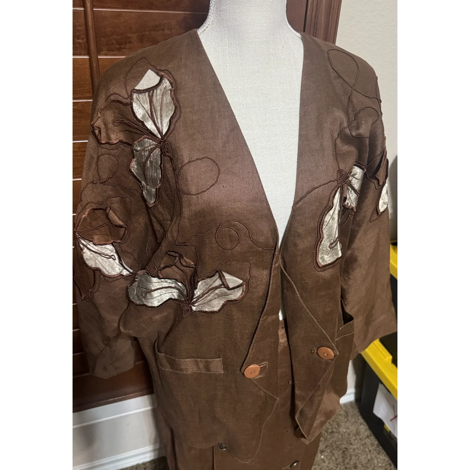 VTG 90s Linen Skirt Suit chocolate brown Church First Lady embroidered long sz L Size L - Image 2