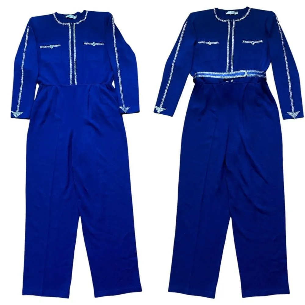 ST. JOHN Size 14 Royal Blue Made In USA Rhinestone Trimmed Knit Jumpsuit Pockets - Image 2