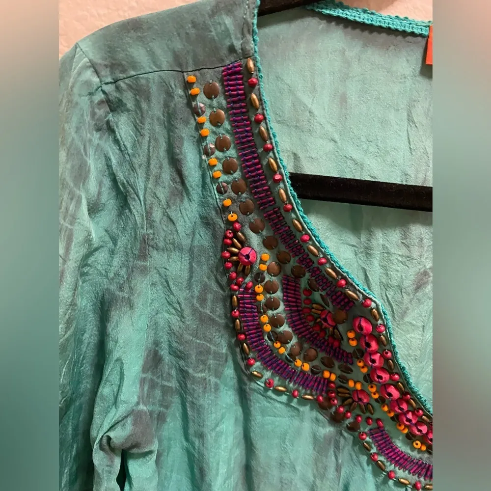 Hale Bob Cabana Silk Ombre Tie Dye Beaded V-Neck Top With Drawstring Waist - Image 8