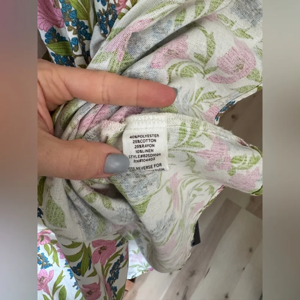 Linen floral block print babydoll mini dress ruffle pyjama square neck flutter - Image 12