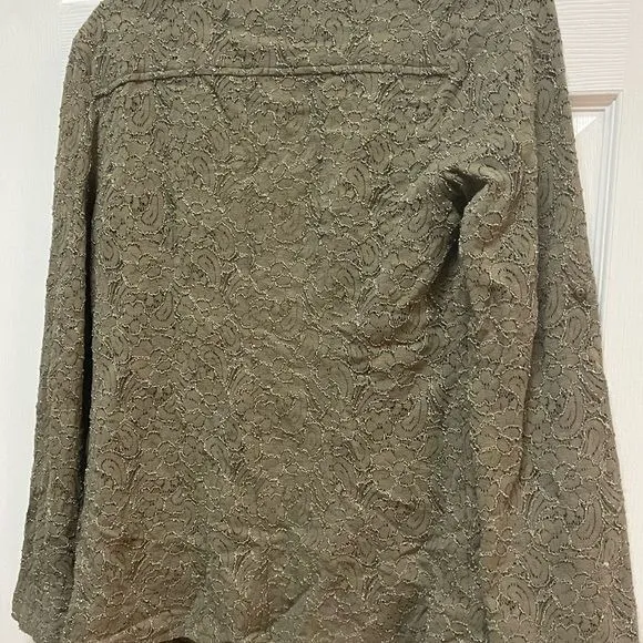 Tribal Lace Floral Jacquard Button Down Blouse Olive Green Long Sleeve Top Small - Image 3