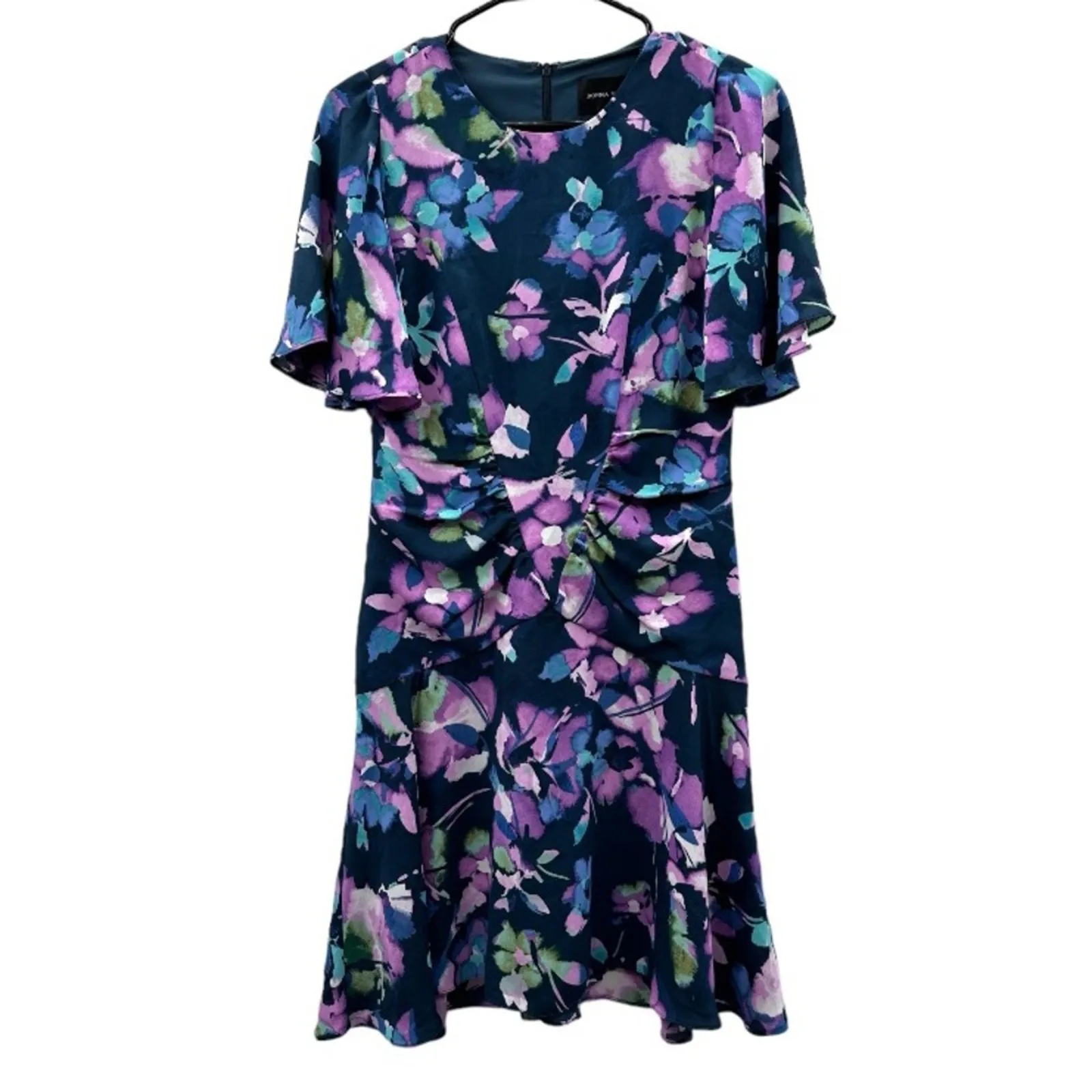 Donna Morgan V-Front Bell Sleeve‎ Navy Blue & Pink Floral Mini Dress Size 4 - Image 3
