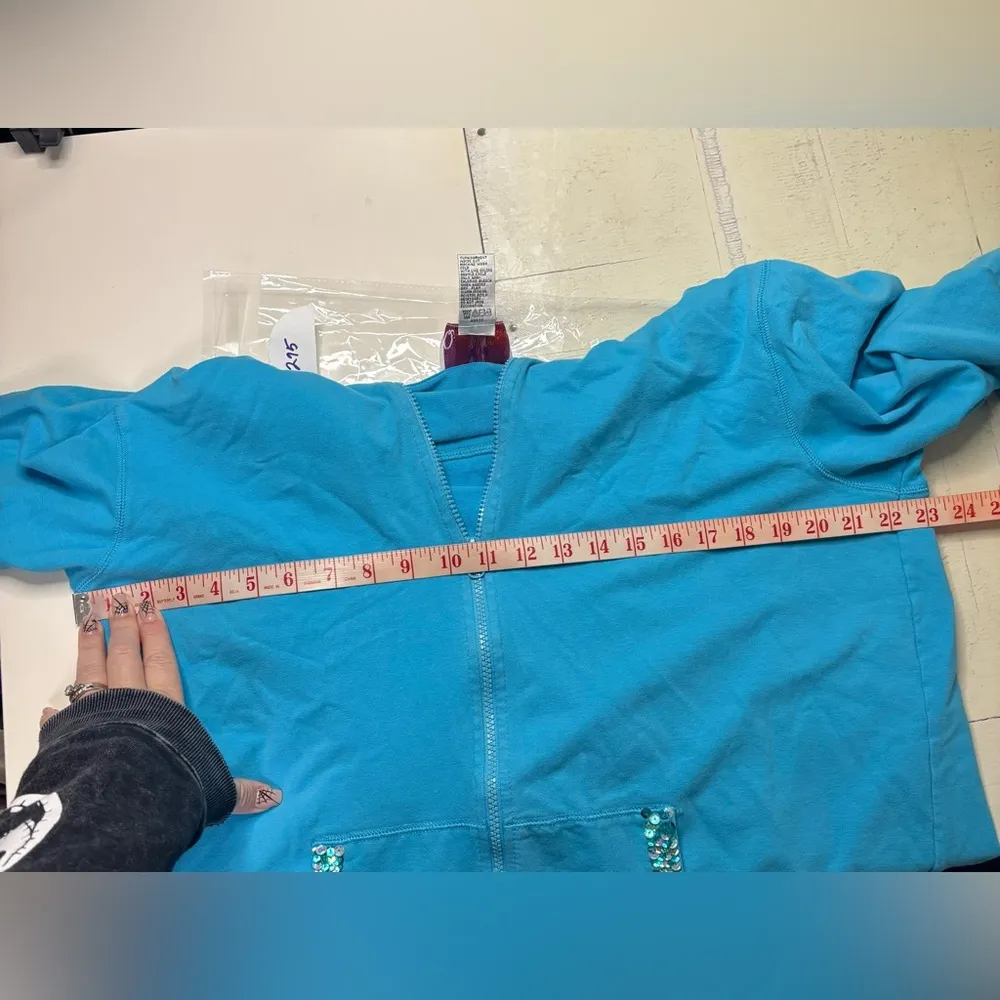 Quacker Factory Hoodie Womens Size Large Blue Full Zip Sweatshirt Sequins Trim - Image 3