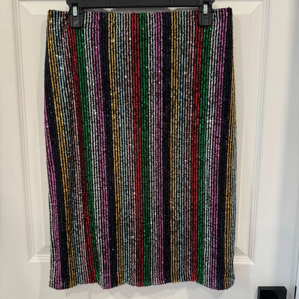 Multicolor Rainbow Sequin Stripes Pencil Skirt Stretchy Black - Image 6